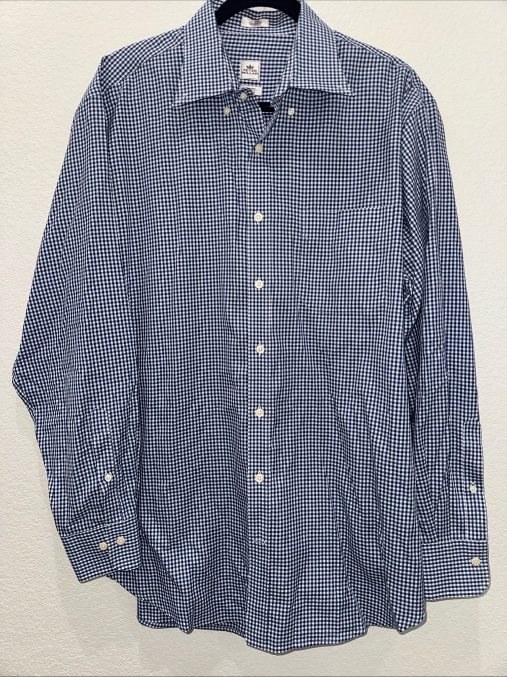 Peter Millar Nanoluxe Easy Care Mens Large Blue Gingham Button Front Shirt